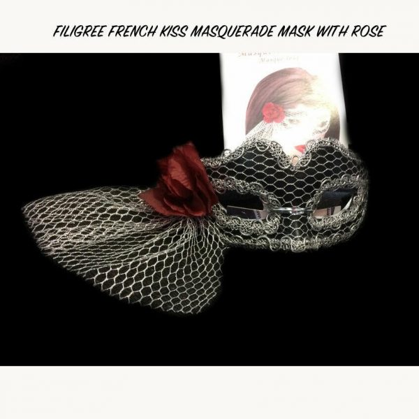 Masquerade French Kiss Mask Silver Red Flower Mesh Trim Mardi Gras Party Costume - Image 3