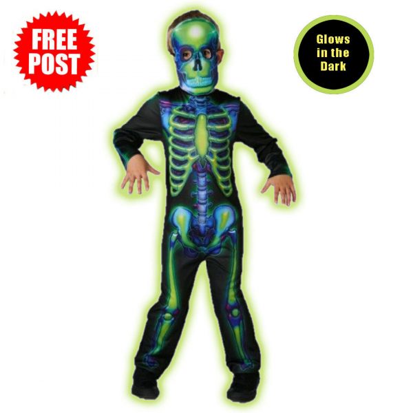 Neon Skeleton Boys Halloween Fancy Dress Glow in the Dark Childrens Kids Costume