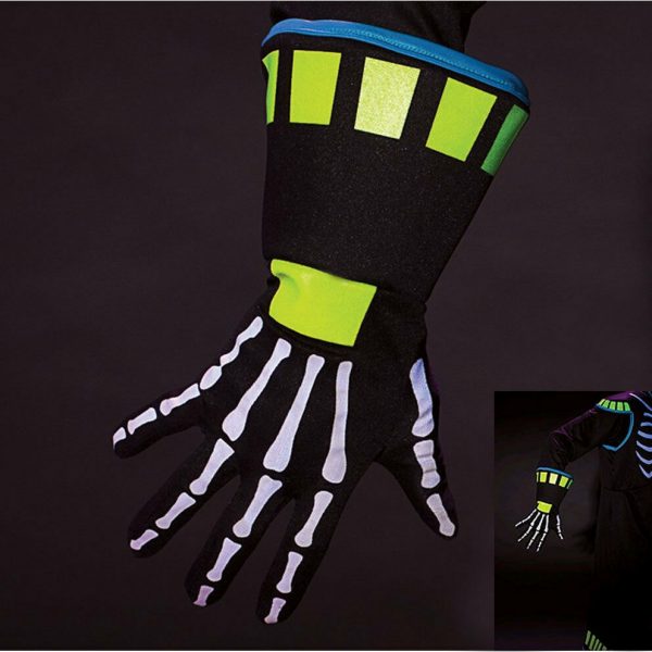 RAVIN SKELETON GLOVES BLACK GREEN NEON GLOW MEN ADULT HALLOWEEN COSTUME ACESSORY