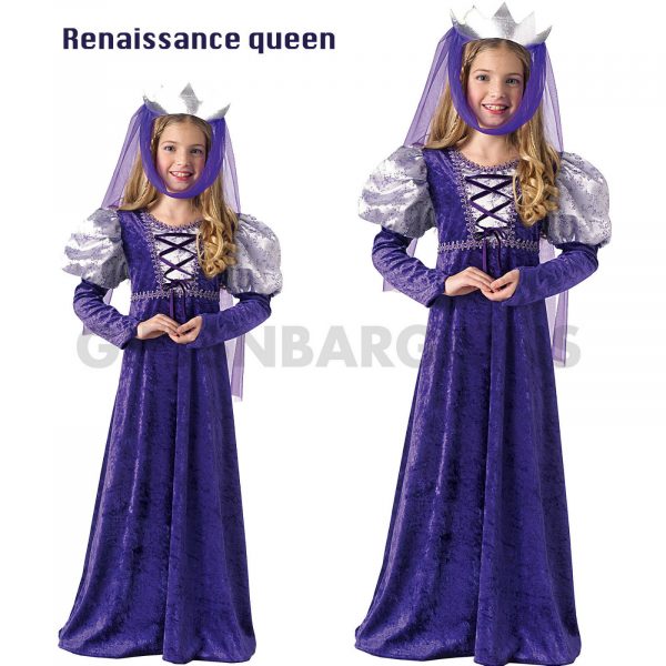 Renaissance Queen Costume Girl Book Week Royal Maiden Princess Purple Medieval M