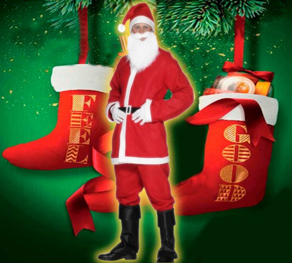 Santa Claus Christmas Suit Red Jacket Trousers Beard Hat Belt Men Father Xmas L