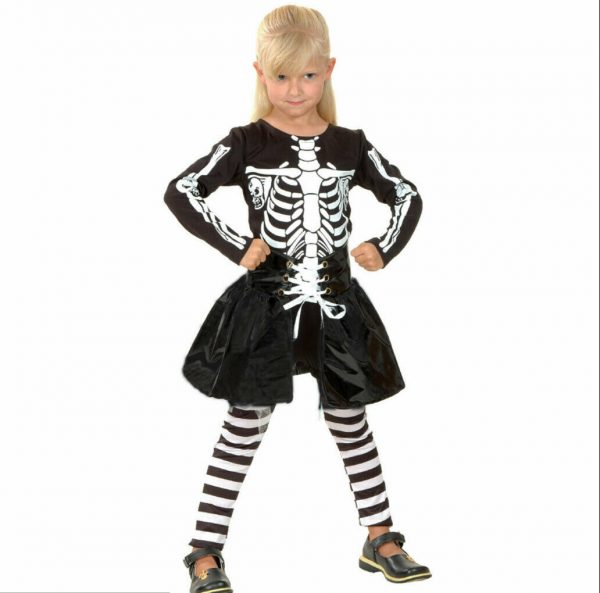 Skeleton Girl Costume Halloween Child Kids Fancy Dress Skull Bones Black White