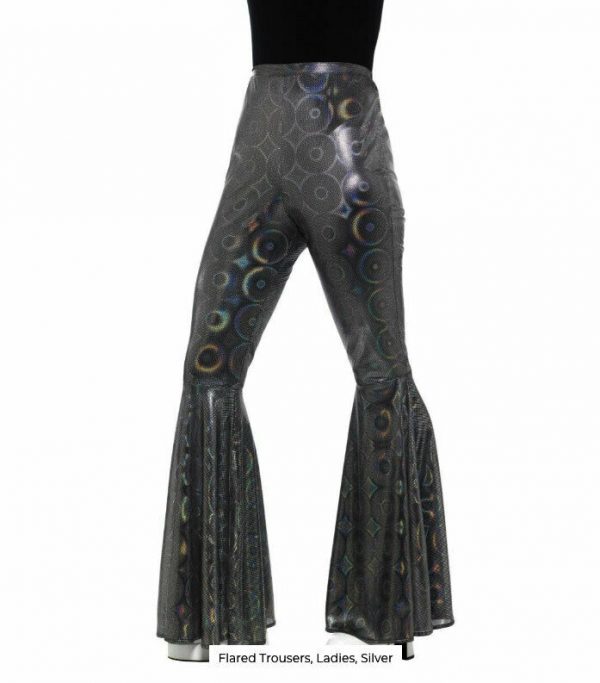 Smiffys 70s Disco Flared Trousers Ladies Metallic Grey Silver BLack 60s Party