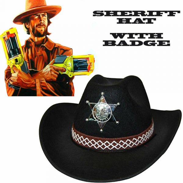 Black Feltex Costume Cowboy Cowgirl Adult Hat & Badge Western Wild West Ranger