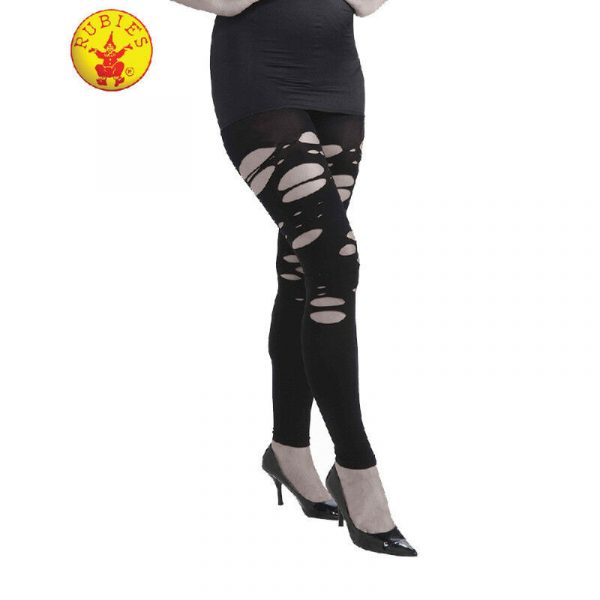 Black Footless Tattered Ripped Torn Opaque Tights Halloween Zombie Goth Adult