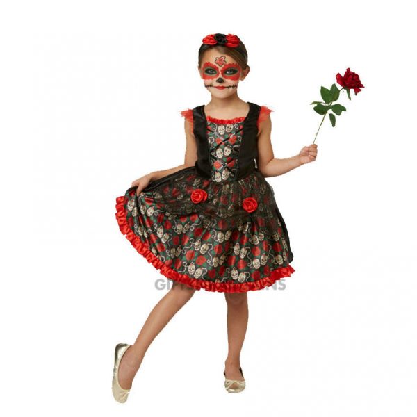 Day of the Dead Sugar Skull Costume Girls Red Rose Halloween Child Kids 6,8,10+ - Image 3