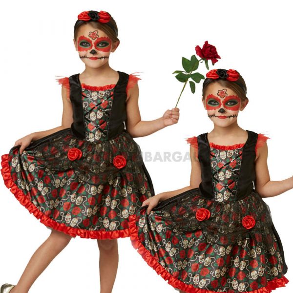 Day of the Dead Sugar Skull Costume Girls Red Rose Halloween Child Kids 6,8,10+