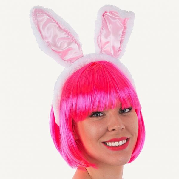 Easter Bunny Ears Pink Satin White Plush Headband Rabbit Costume Adult Accessory