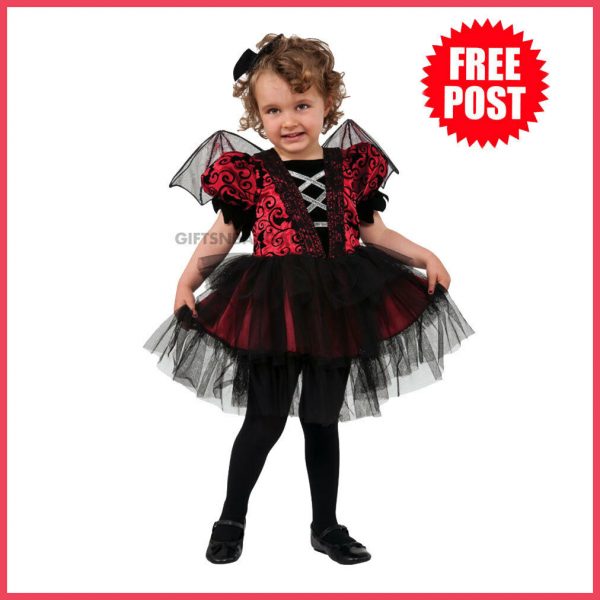 Girls Little Bat Costume Child Halloween Tutu Dress + Mini Hat + Wings Toddler