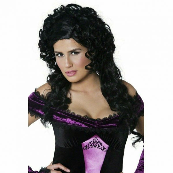 Gothic Countess Nocturna Black Costume Wig Long Curly Vampiress Halloween Women