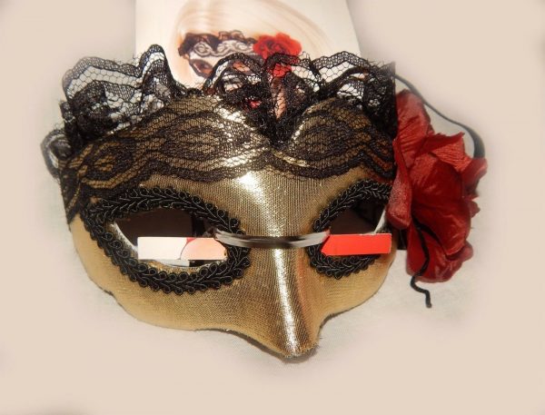 Masquerade Day of the Dead Mask Lace Black Gold Red Flower Mesh Trim Halloween