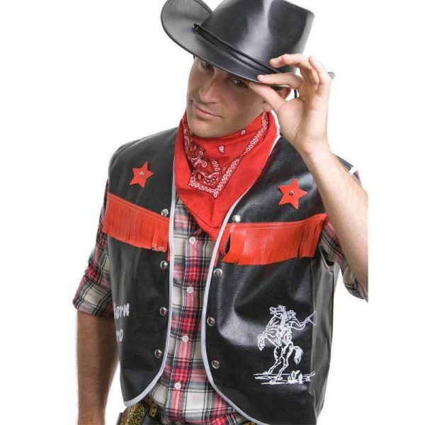 Men's Wild Western Cowboy Costume Adult Vest Black w Red Bandana Rodeo Party