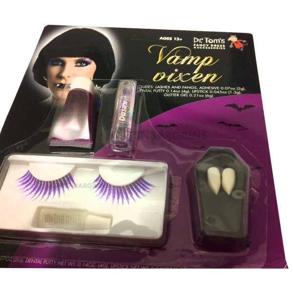 Vamp Witch Makeup Costume kit Purple Lipstick Eye Lashes fangs glitter halloween - Image 3