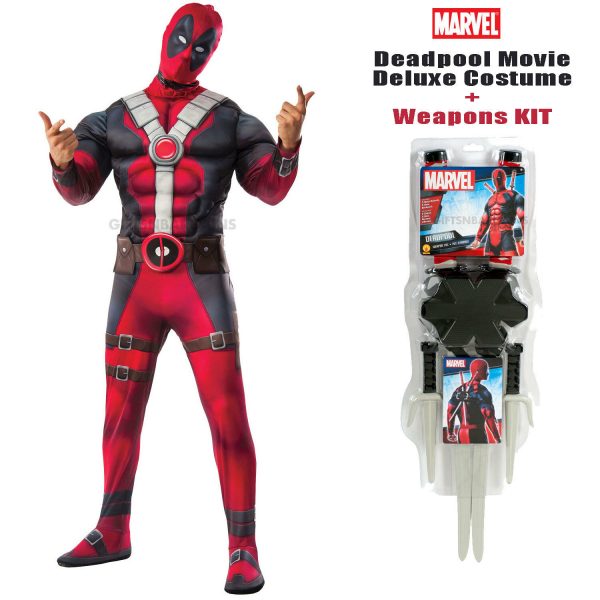 Adult Deadpool Dlx Muscle Costume X-men Marvel Hero + Weapon Kit Halloween STD