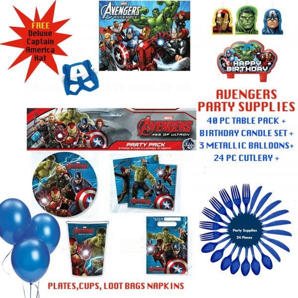 Avengers Birthday Superhero 64 Pc Table + Candles+Balloons+ Captain America hat