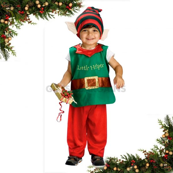 Child Elf Costume Green Red Christmas Santa 1-2y w Hat Boy Girl Baby Toddler - Image 3