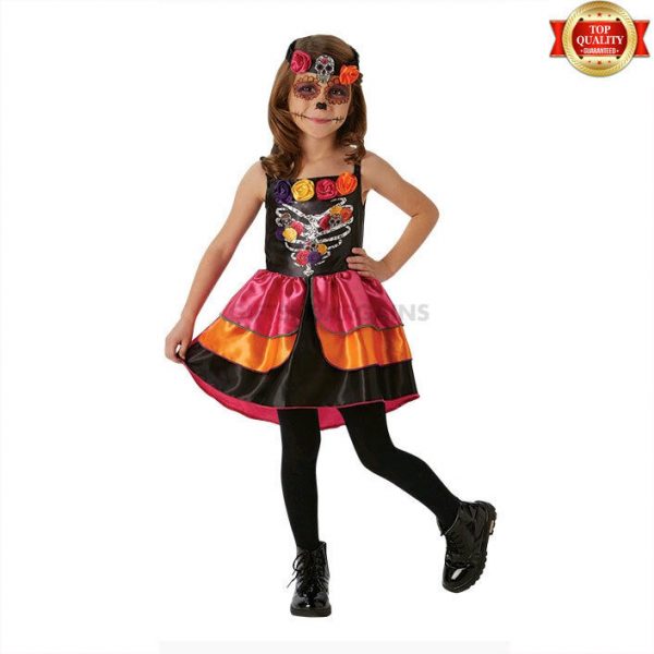 Day Of The Dead Kids Costume Sugar Skull Girls Child Halloween Skull Roses M / L - Image 3