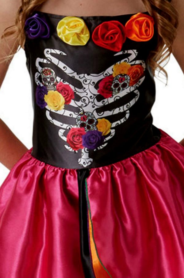 Day Of The Dead Kids Costume Sugar Skull Girls Child Halloween Skull Roses M / L - Image 5