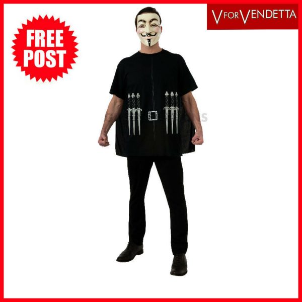 Licensed V for Vendetta Costume Print Shirt Black Cape Mask Halloween Men Adult - Image 3