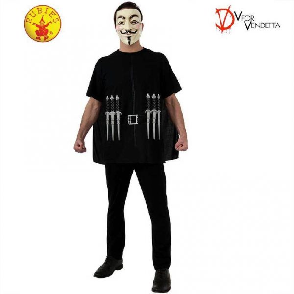 Licensed V for Vendetta Costume Print Shirt Black Cape Mask Halloween Men Adult