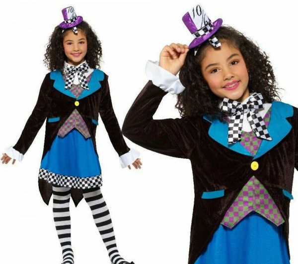 Little Miss Mad Hatter Girls Costume Easter Top Hat & Fancy Dress 7-9y