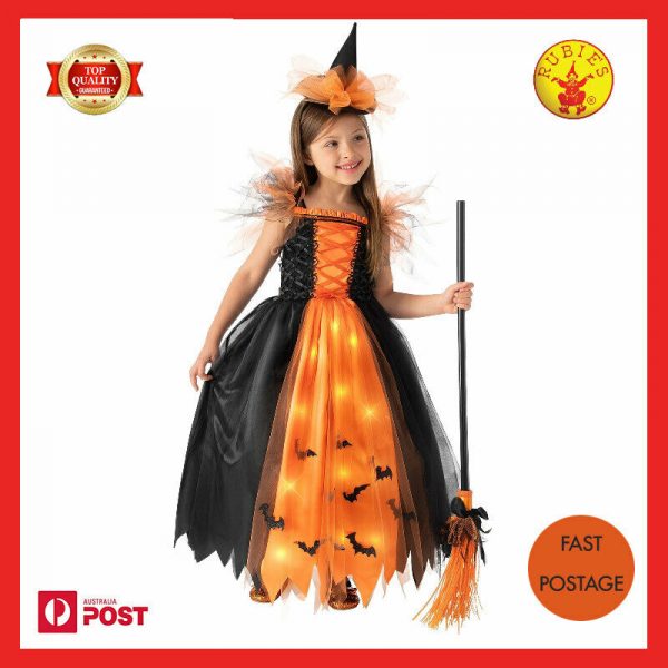 Orange Witch Light Up Girls Costume Halloween Dress Hat S / M Child FAST POSTAGE