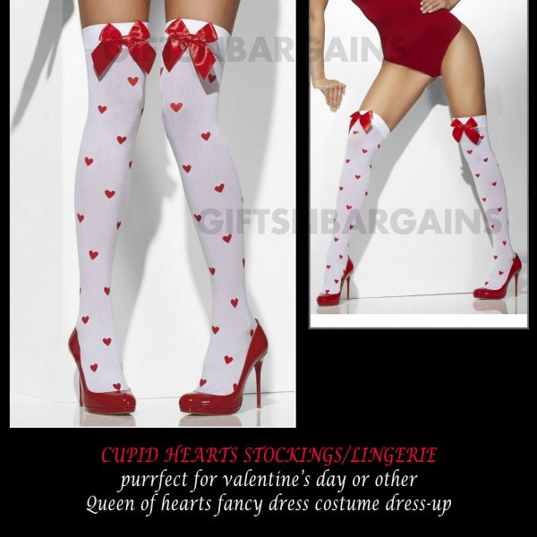 VALENTINE Lingerie Adult Cupid Heart Red & White Thigh High Stockings Pantyhose