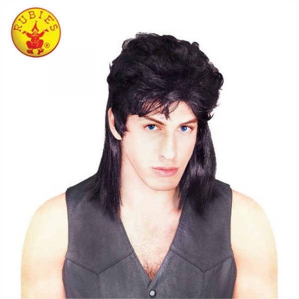 Black Mullet Wig Costume Long Hair 80's Rock Pop Star Party Bogan Adult Mens - Image 3