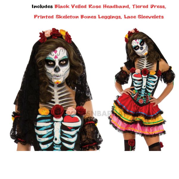 Day Of The Dead Senorita Costume Skeleton Women Halloween Adult + Headdress Veil - Image 3