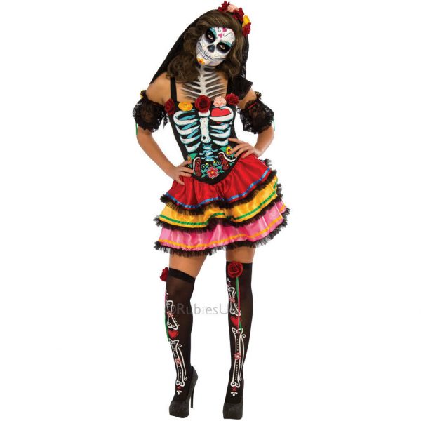 Day Of The Dead Senorita Costume Skeleton Women Halloween Adult + Headdress Veil - Image 5