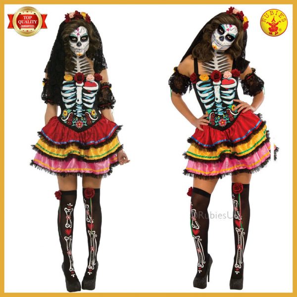 Day Of The Dead Senorita Costume Skeleton Women Halloween Adult + Headdress Veil