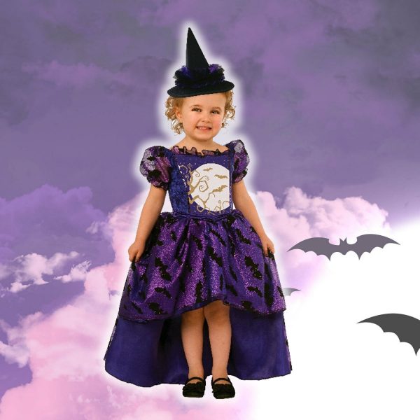 Glitter Witch Purple Bat Halloween Party Dress with Hat Girl Kids Costume S: S/M - Image 3