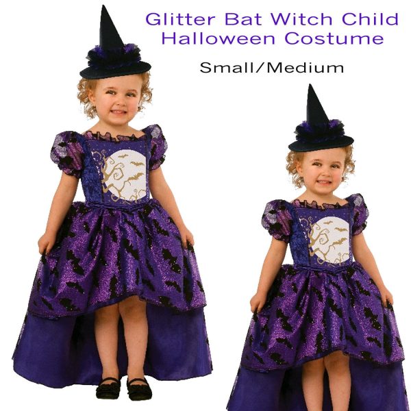 Glitter Witch Purple Bat Halloween Party Dress with Hat Girl Kids Costume S: S/M