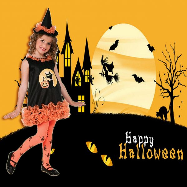 Orange Tutu Witch Costume Dress+Hat & Tights Girls Childs Halloween S:Small 2-4y - Image 3