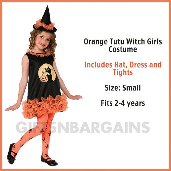 Orange Tutu Witch Costume Dress+Hat & Tights Girls Childs Halloween S:Small 2-4y