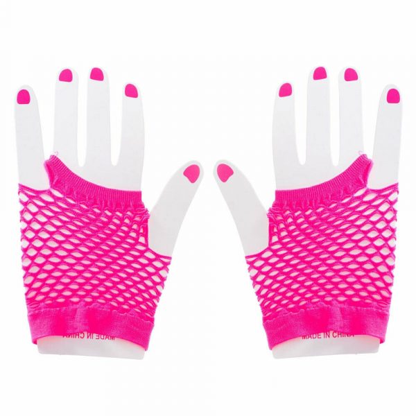 Pop Costume Party Accessory 80's Rock Punk Neon Pink Short Fishnet Gloves Ladies - Image 3