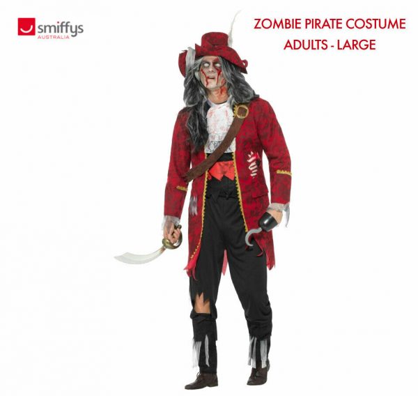 Adult Zombie Pirate Captain Hook Costume Mens Blackbeard Halloween Hat Belt Hand