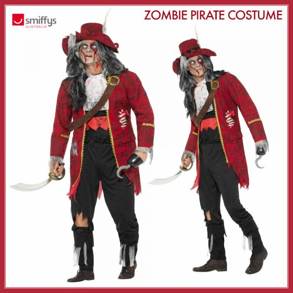 Adult Zombie Pirate Captain Hook Costume Mens Blackbeard Halloween Hat Belt Hand - Image 2