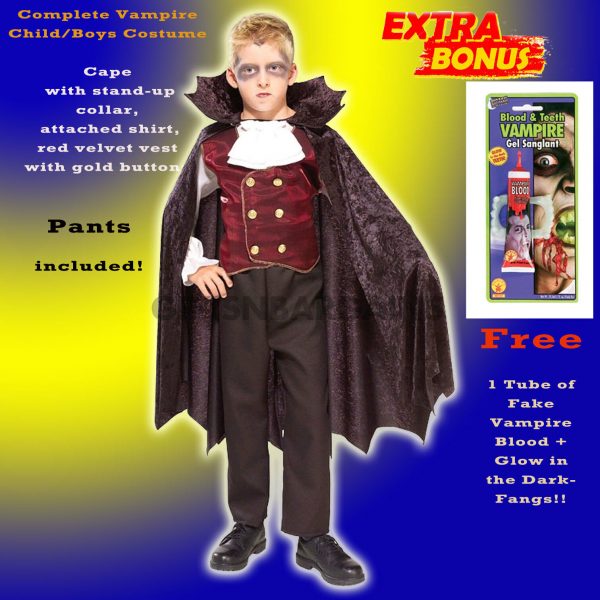 Boys Vampire Costume Deluxe Dracula Halloween Party Kids Child S:L Free Bloodkit