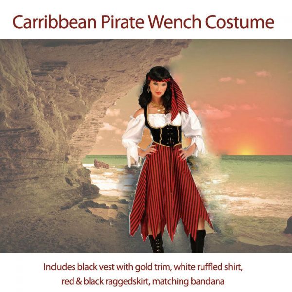 Caribbean Pirate Maiden Costume Adult Wench Women Lady Free Eye-patch Halloween