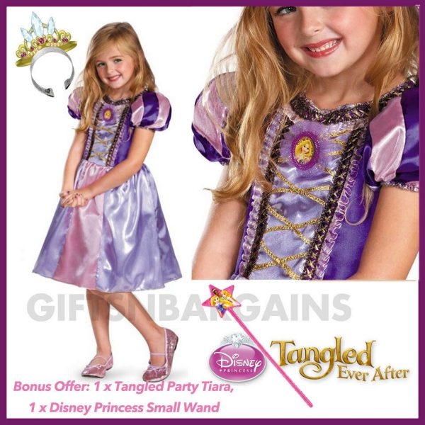 Disney Princess Rapunzel Costume Girl Book Week Fancy Dress Free Tiara Wand 3-6