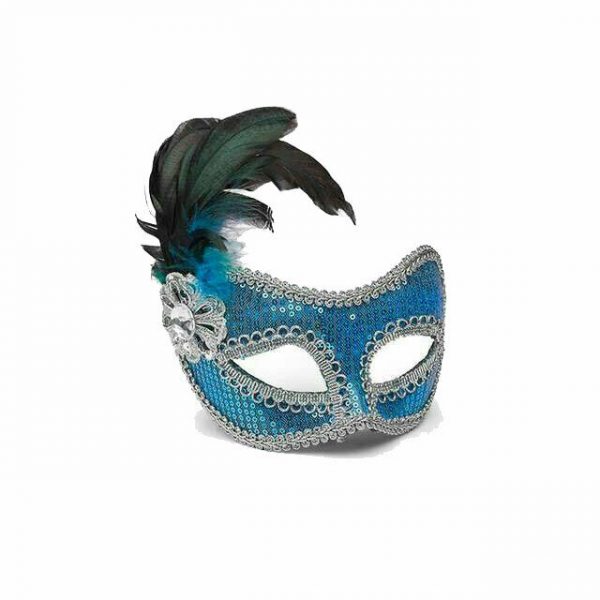 Mardi Gras Mask Party Turquoise Silver Sequin Venetian Half Feathers Masquerade - Image 3