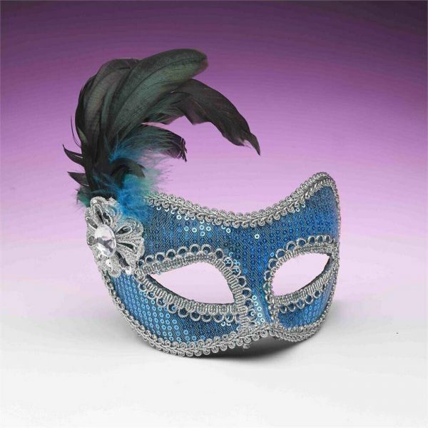 Mardi Gras Mask Party Turquoise Silver Sequin Venetian Half Feathers Masquerade