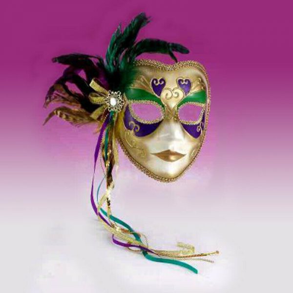 Mardi Gras Party Deluxe Venetian Face Mask Purple Green Gold w Feathers Ribbons