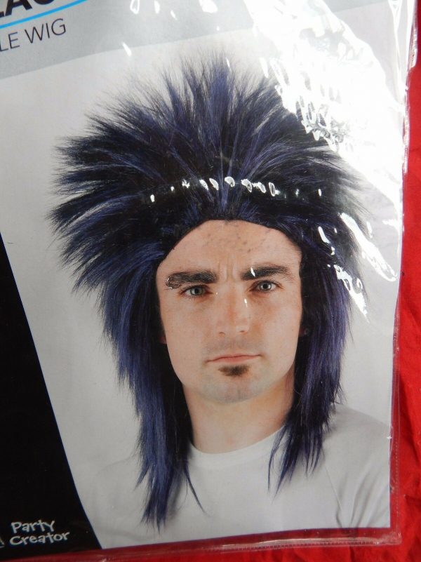 Mens Spiky Punk Rocker 80s Star Wig Black & Blue Mullet Costume Hair Ozzie Bowie - Image 3