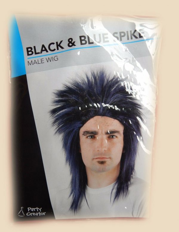 Mens Spiky Punk Rocker 80s Star Wig Black & Blue Mullet Costume Hair Ozzie Bowie - Image 4