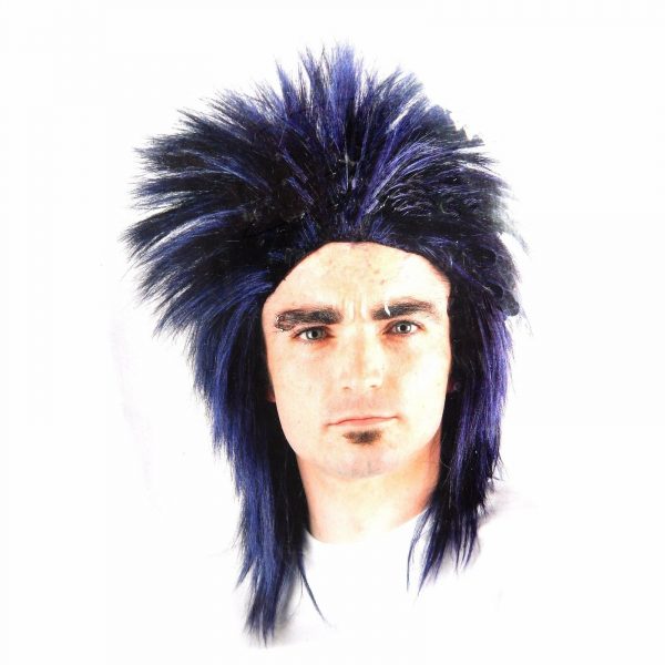 Mens Spiky Punk Rocker 80s Star Wig Black & Blue Mullet Costume Hair Ozzie Bowie