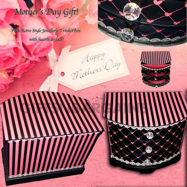 Mothers Gift Ladies Women Vanity Case Storage Drawer Cabinet BLACK Pink Hearts - Image 4