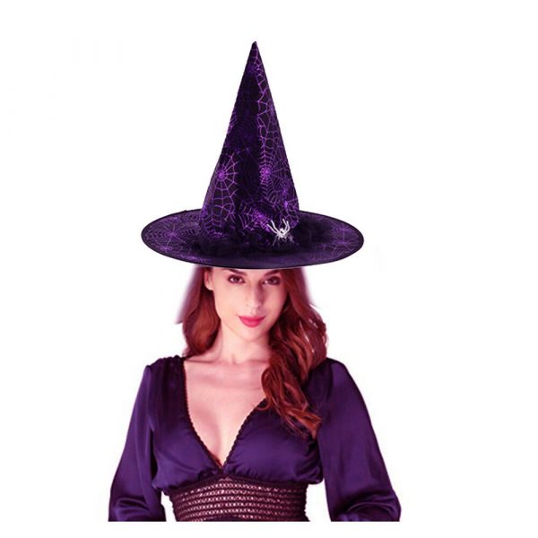 Purple Witch Hat Adult Halloween Costume Accessory Spider Ornament Cobweb Lace