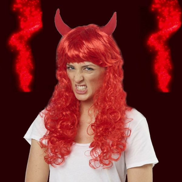 Red Devil Wig Horn Witch Hair Satan Women Vamp Vixen Halloween Costume Accessory